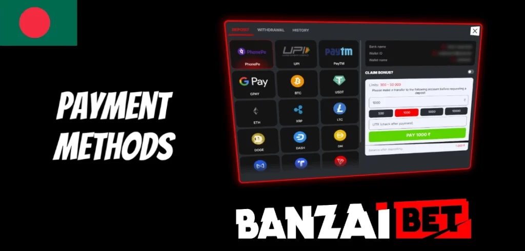 Payment methods on Banzaibet website